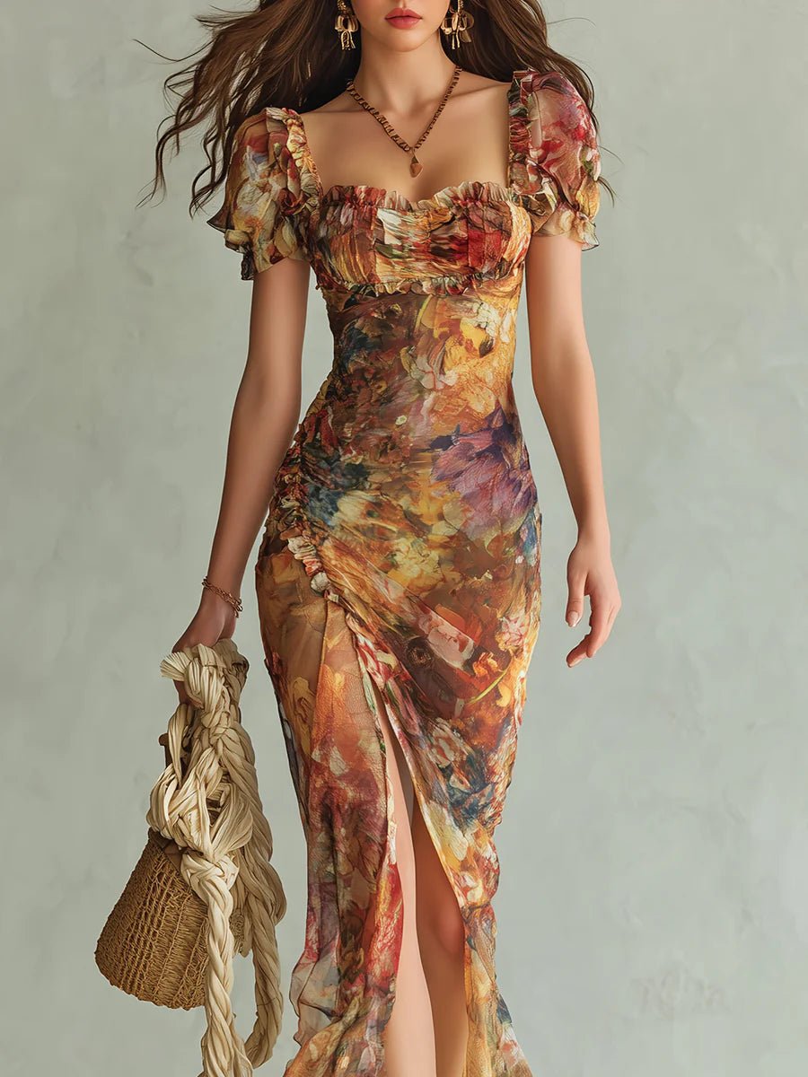 Dames Bloemenprint Chiffon Maxi-jurk Ruche Sweetheart Hals