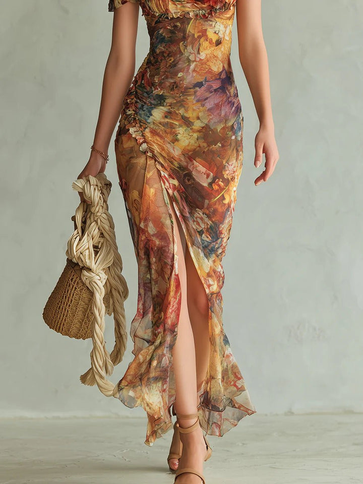 Dames Bloemenprint Chiffon Maxi-jurk Ruche Sweetheart Hals