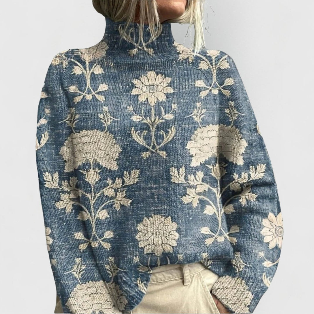 Dames Bloemenprint Coltrui Gebreide Relaxed-Fit Pullover - Light Blue