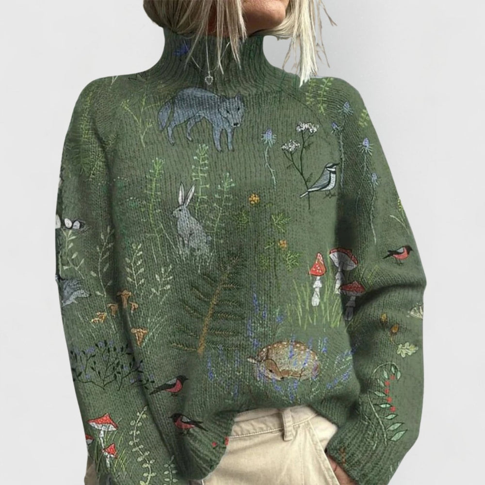 Dames Bloemenprint Coltrui Gebreide Relaxed-Fit Pullover - Green
