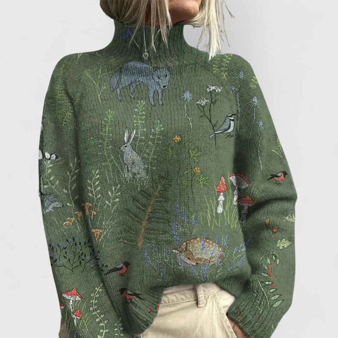 Dames Bloemenprint Coltrui Gebreide Relaxed-Fit Pullover - Green
