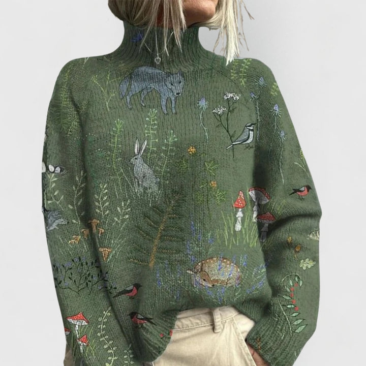 Dames Bloemenprint Coltrui Gebreide Relaxed-Fit Pullover - Green