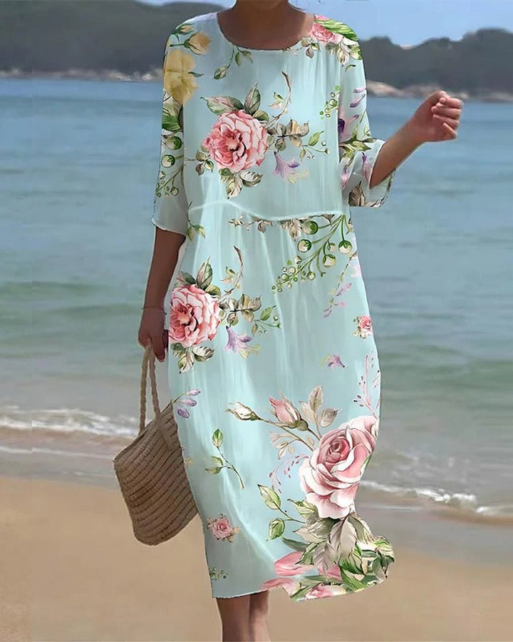Dames Bloemenprint Midi-jurk met Driekwart Mouw - Blauwe Bloemen