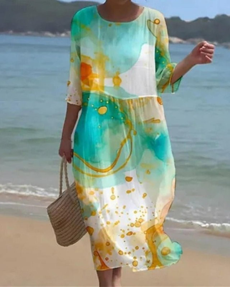 Dames Bloemenprint Midi-jurk met Driekwart Mouw - Groene Kleurvlekken