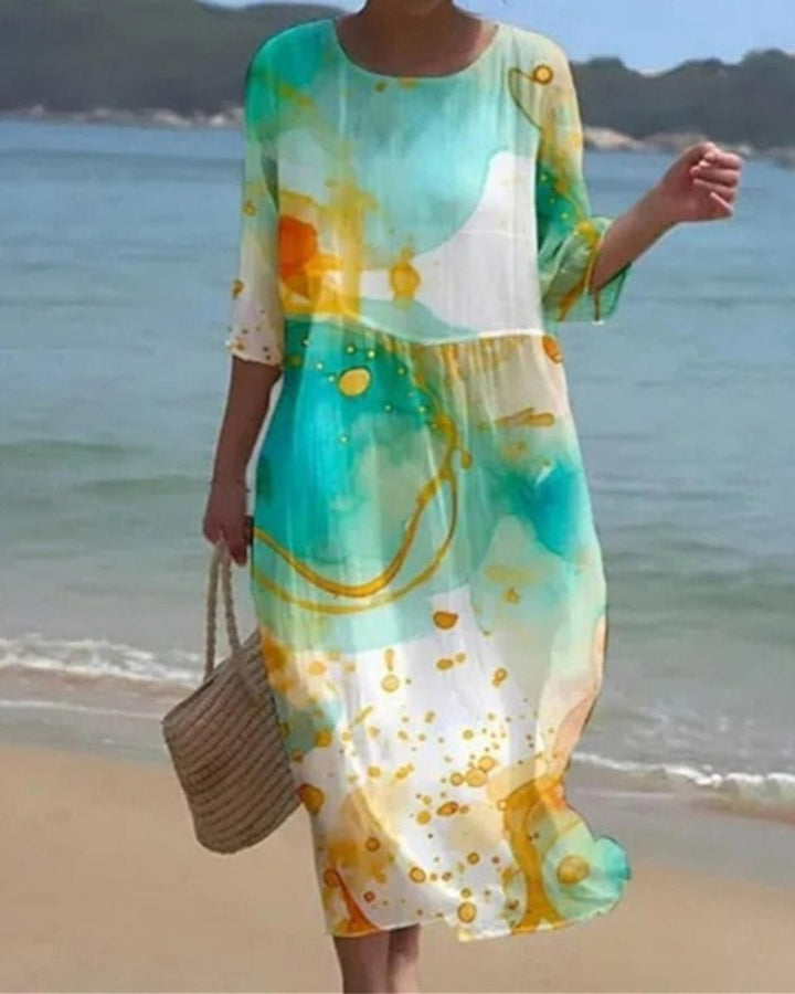 Dames Bloemenprint Midi-jurk met Driekwart Mouw - Groene Kleurvlekken