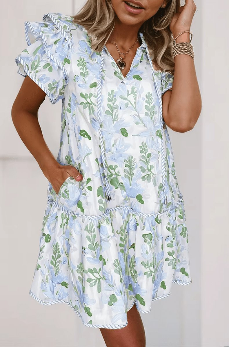 Dames Bloemenprint Pofmouw Mini-jurk Strikhalslijn - Blue