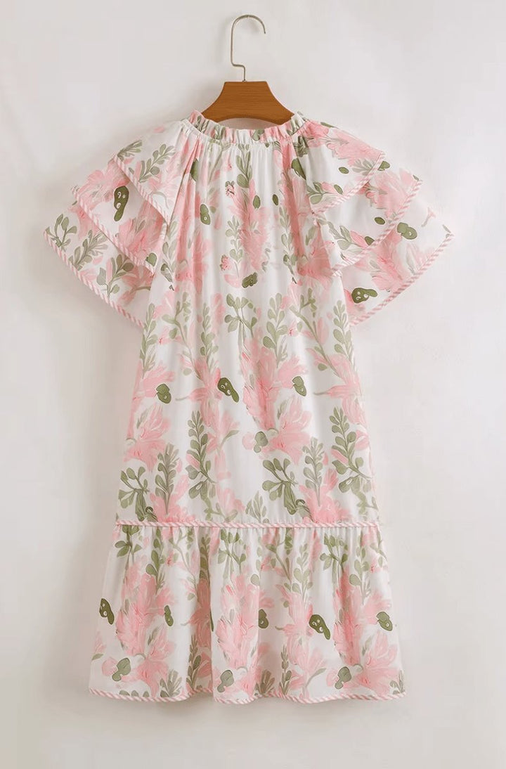 Dames Bloemenprint Pofmouw Mini-jurk Strikhalslijn