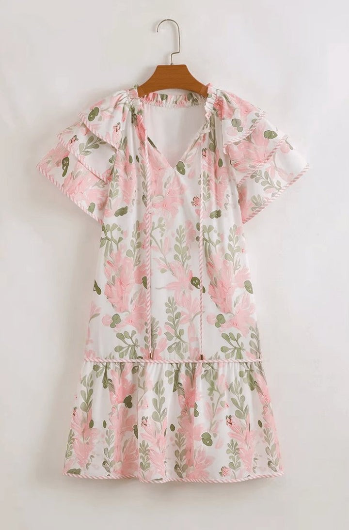 Dames Bloemenprint Pofmouw Mini-jurk Strikhalslijn