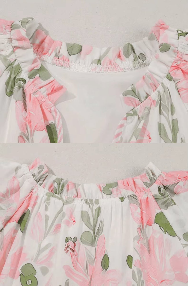 Dames Bloemenprint Pofmouw Mini-jurk Strikhalslijn