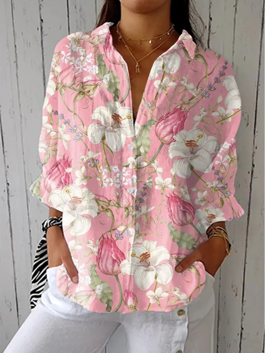 Dames Bloemenprint Relaxed-Fit V-hals Blouse - Multicolor