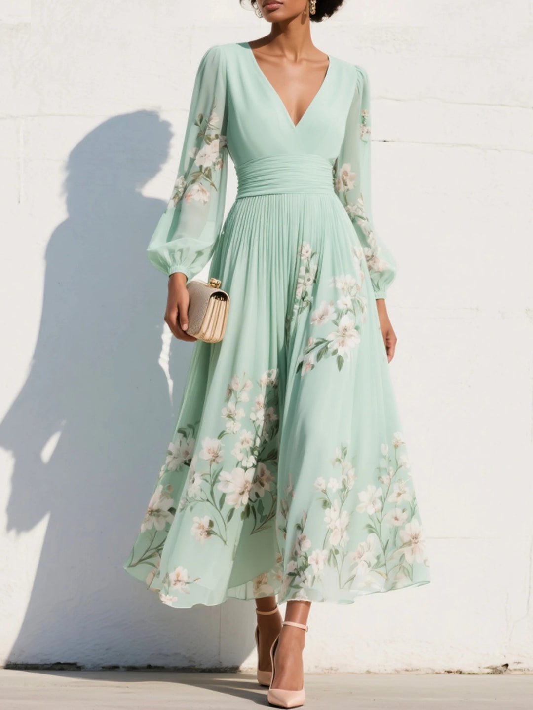 Dames Bloemenprint V-hals Geplooide Ballonmouw Midi Jurk - Light Green