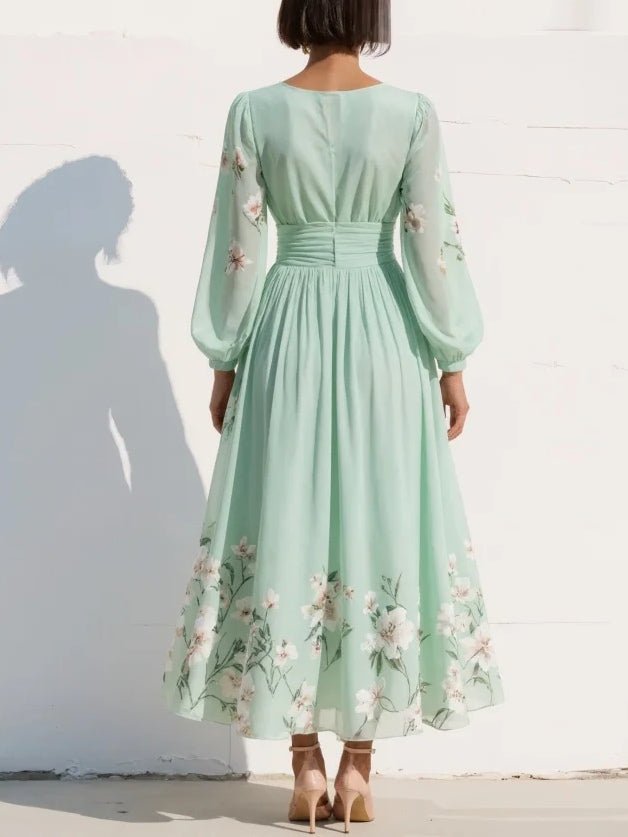 Dames Bloemenprint V-hals Geplooide Ballonmouw Midi Jurk