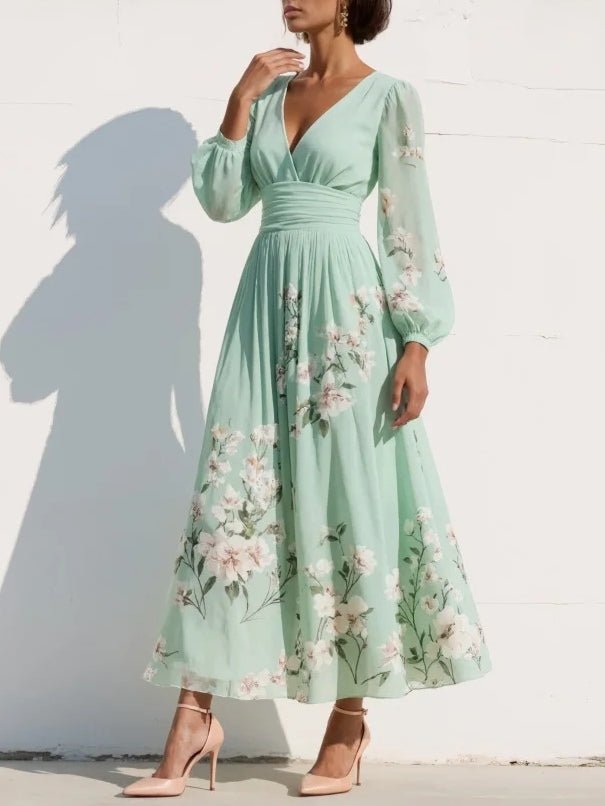 Dames Bloemenprint V-hals Geplooide Ballonmouw Midi Jurk
