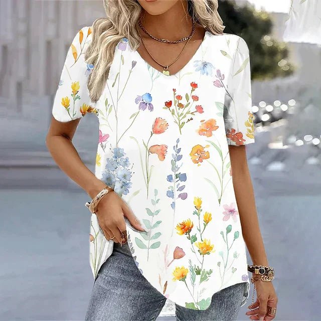 Dames Bloemenprint V-hals Korte Mouw Top Relaxed Fit - Beige