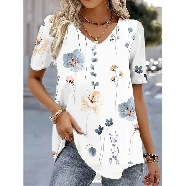 Dames Bloemenprint V-hals Korte Mouw Top Relaxed Fit - White
