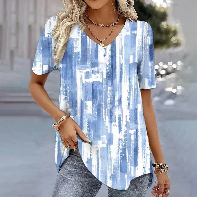 Dames Bloemenprint V-hals Korte Mouw Top Relaxed Fit - Blue