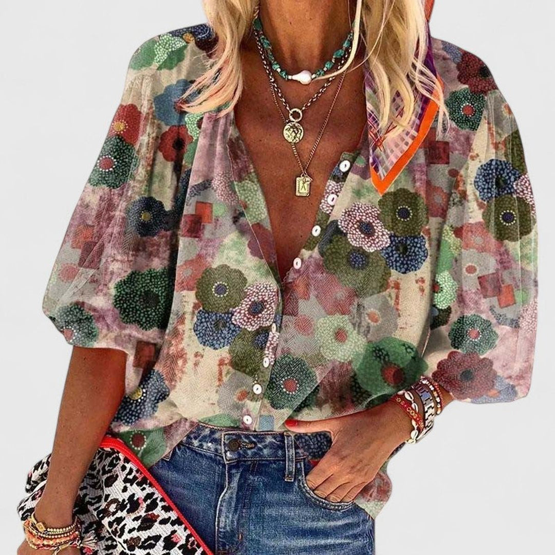 Dames Bloemenprint V-hals Oversized Blouse met Knoopsluiting - Groen