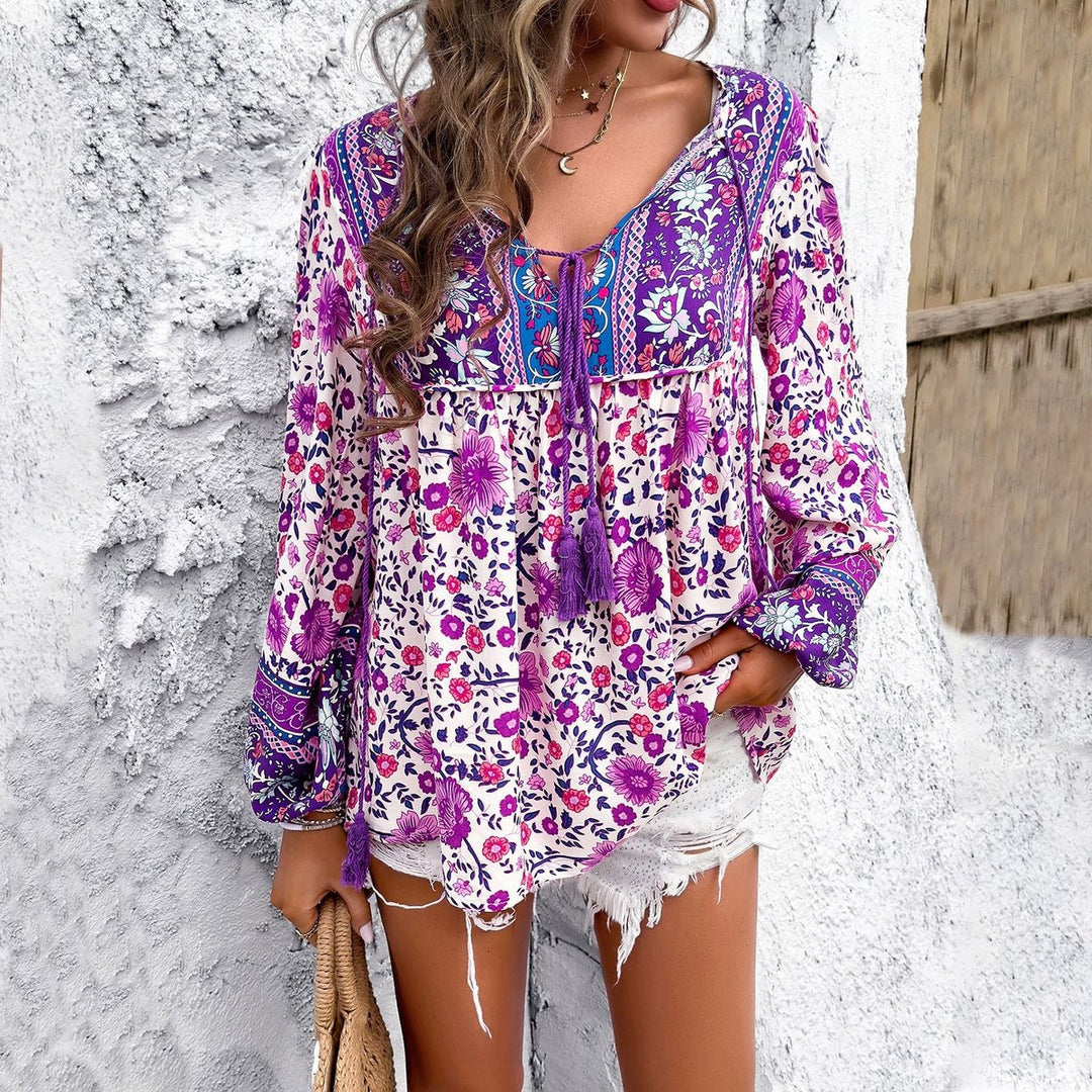 Dames Bloemenprint V-hals Wijdvallende Tunic Kwastjes Trekkoord - Lila