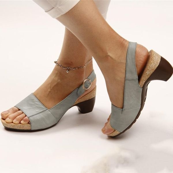 Dames Blokhak Slingback Open-Teen Sandalen - Gray