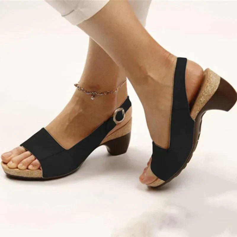 Dames Blokhak Slingback Open-Teen Sandalen - Black