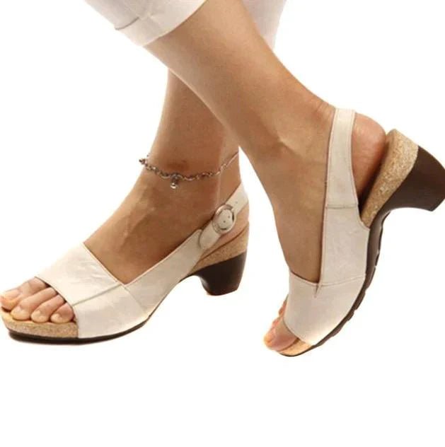 Dames Blokhak Slingback Open-Teen Sandalen - Beige