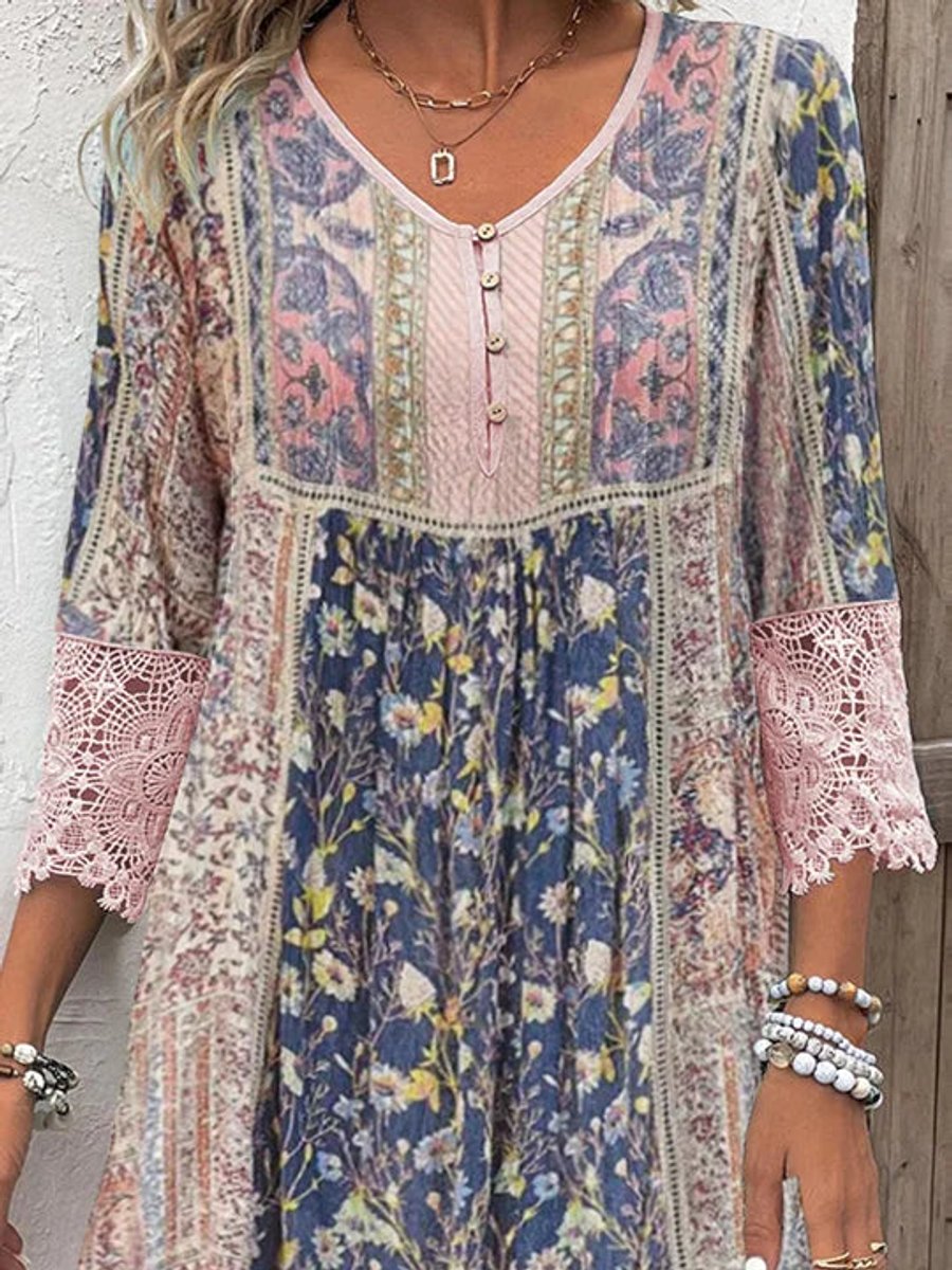 Dames Bohemian Gebloemde Tunic Jurk Kanten Mouwen
