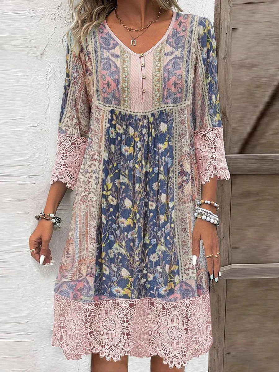 Dames Bohemian Gebloemde Tunic Jurk Kanten Mouwen - Roze