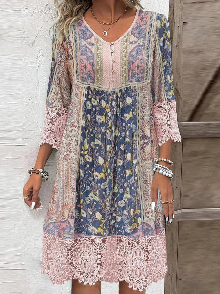 Dames Bohemian Gebloemde Tunic Jurk Kanten Mouwen - Roze
