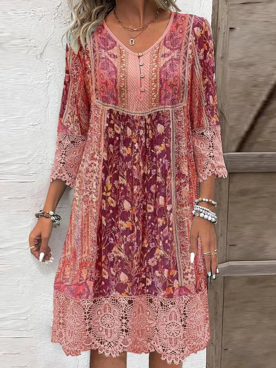 Dames Bohemian Gebloemde Tunic Jurk Kanten Mouwen - Rood