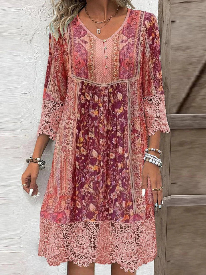 Dames Bohemian Gebloemde Tunic Jurk Kanten Mouwen - Rood