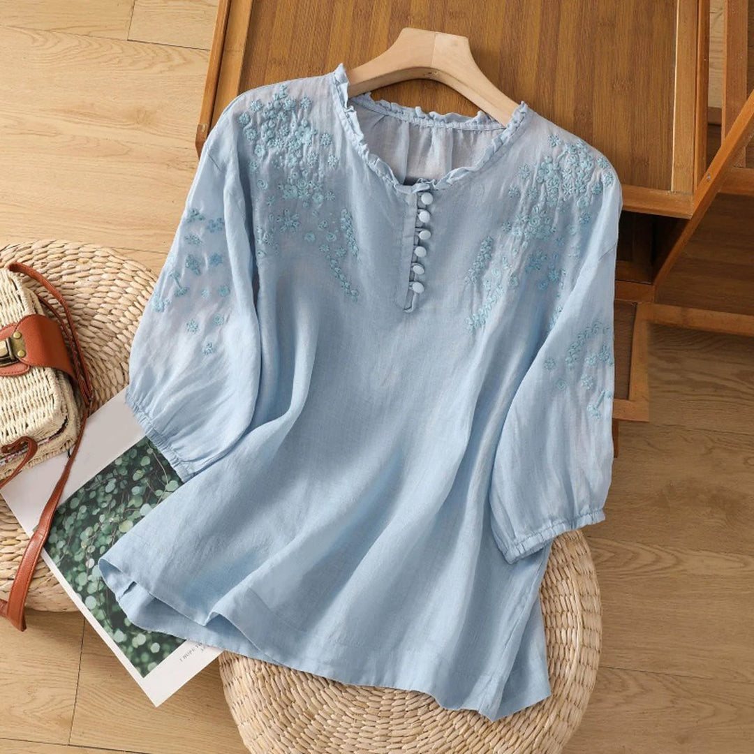 Dames Bohemian Geborduurd Ruche Kraag Linnen Blouse - Blauw