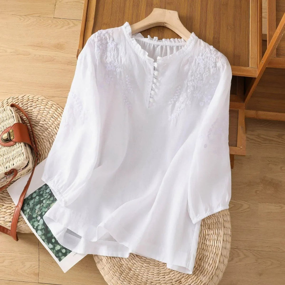Dames Bohemian Geborduurd Ruche Kraag Linnen Blouse - Wit