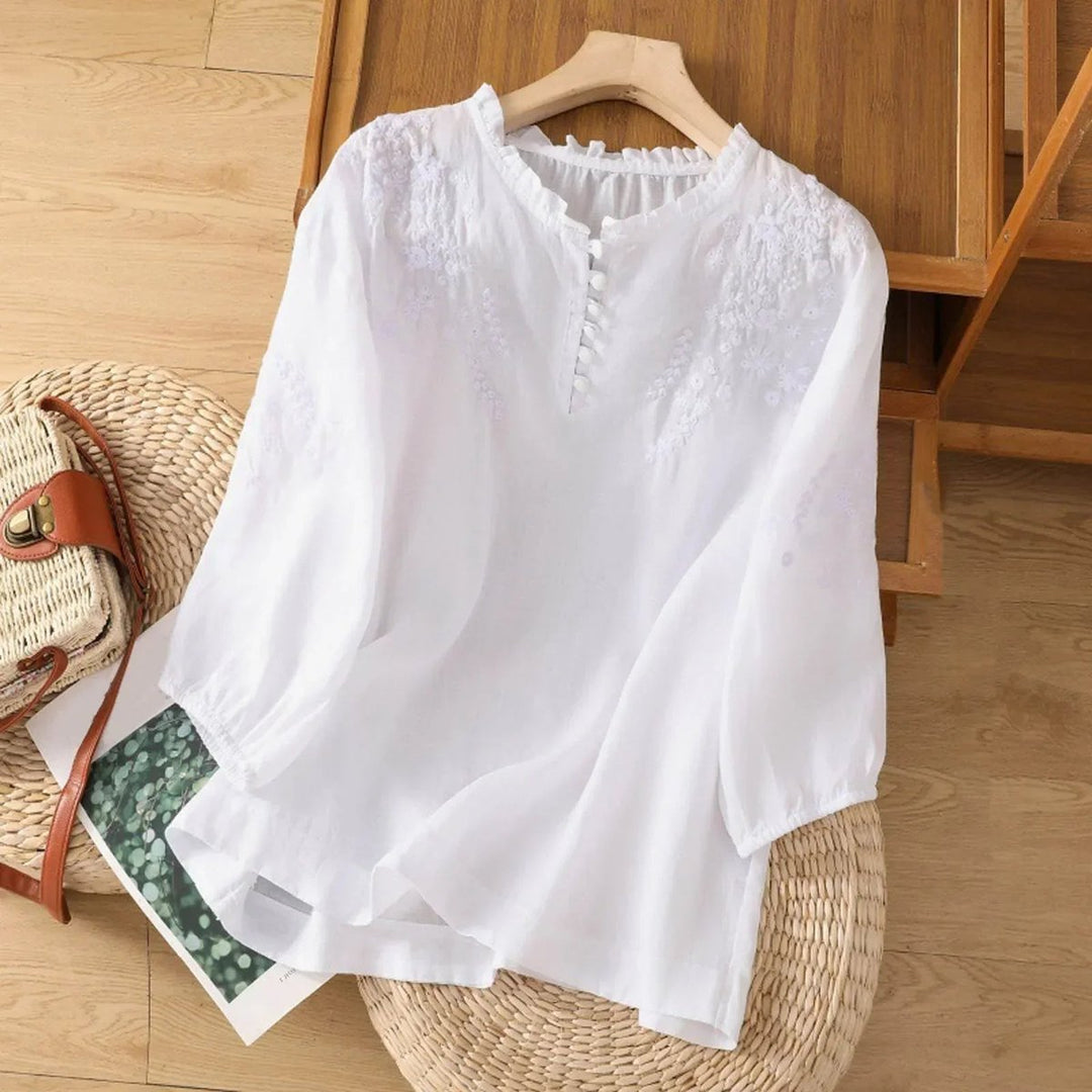 Dames Bohemian Geborduurd Ruche Kraag Linnen Blouse - Wit