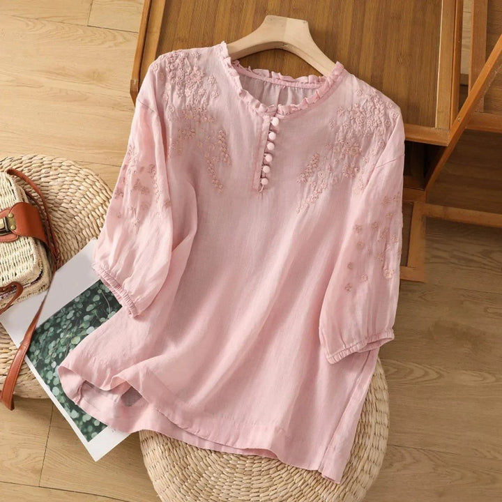 Dames Bohemian Geborduurd Ruche Kraag Linnen Blouse - Roze