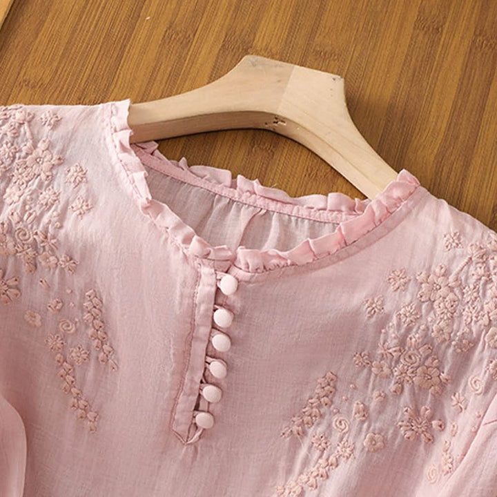 Dames Bohemian Geborduurd Ruche Kraag Linnen Blouse