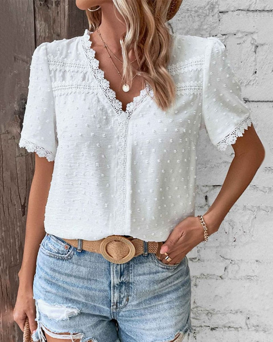 Dames Bohemian Kant V-hals Swiss Dot Blouse