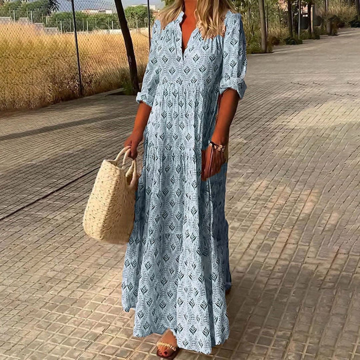 Dames Bohemian Maxi Jurk V-hals Lange Mouwen - Blauw