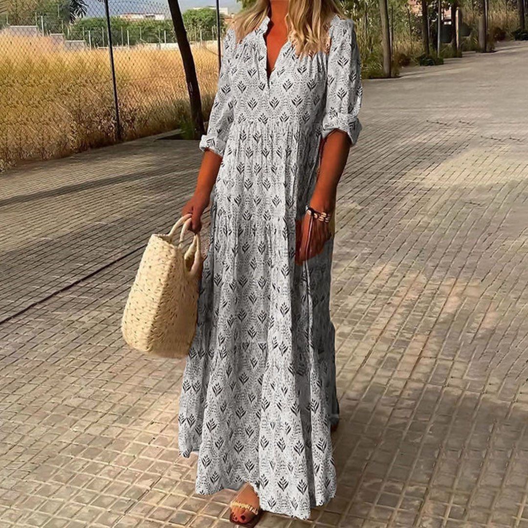 Dames Bohemian Maxi Jurk V-hals Lange Mouwen - Grijs