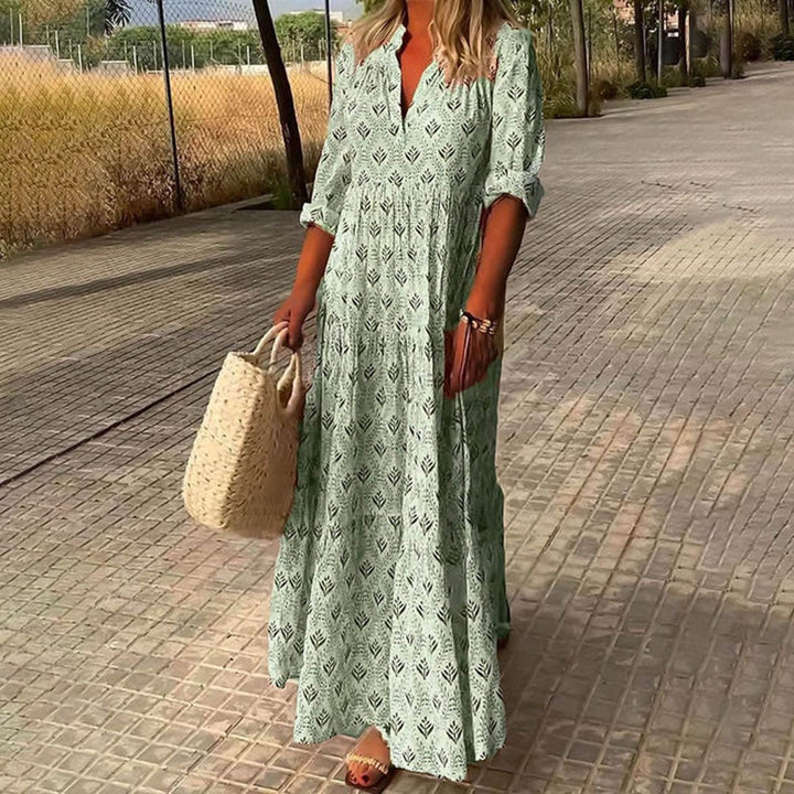 Dames Bohemian Maxi Jurk V-hals Lange Mouwen - Groen