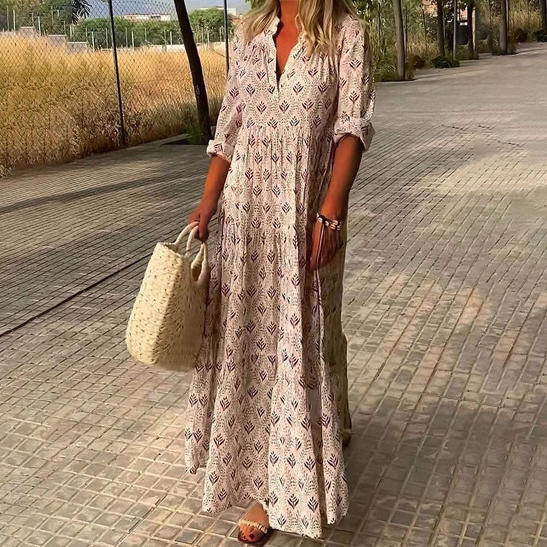 Dames Bohemian Maxi Jurk V-hals Lange Mouwen - Roze