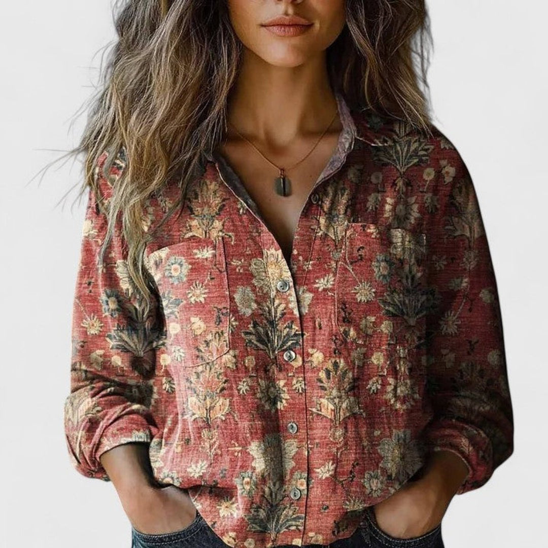 Dames Boho Bloemenprint Lange Mouwen Knoopsluiting Blouse - Rood