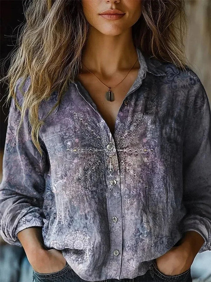 Dames Boho Bloemenprint Lange Mouwen Knoopsluiting Blouse - Paars