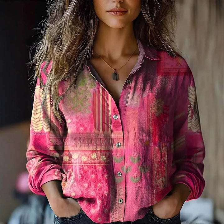 Dames Boho Bloemenprint Lange Mouwen Knoopsluiting Blouse - Roze