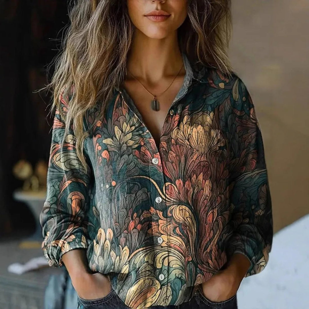Dames Boho Bloemenprint Lange Mouwen Knoopsluiting Blouse - Donkergroen