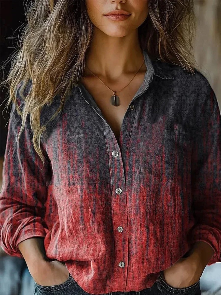 Dames Boho Bloemenprint Lange Mouwen Knoopsluiting Blouse - Rood-Donkergrijs