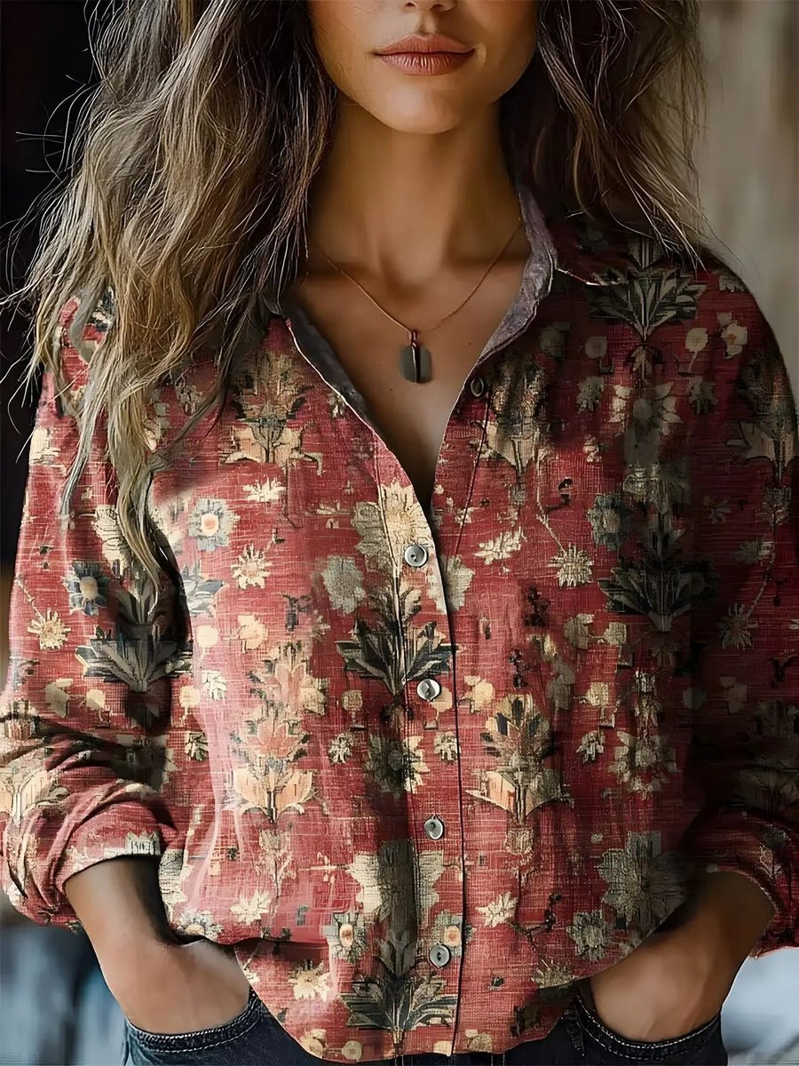 Dames Boho Bloemenprint Lange Mouwen Knoopsluiting Blouse