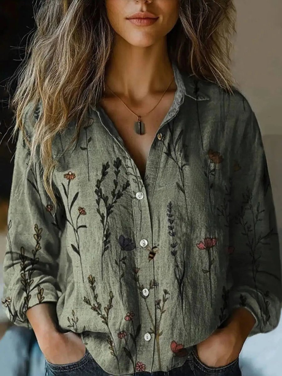 Dames Boho Bloemenprint Lange Mouwen Knoopsluiting Blouse - Olijfgroen