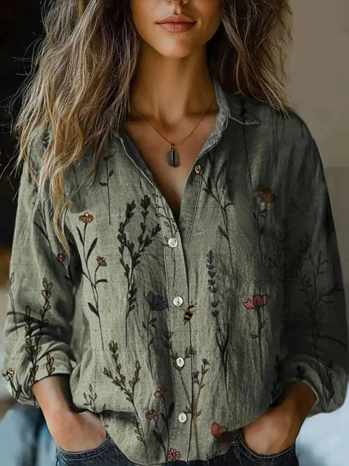 Dames Boho Bloemenprint Lange Mouwen Knoopsluiting Blouse - Olijfgroen