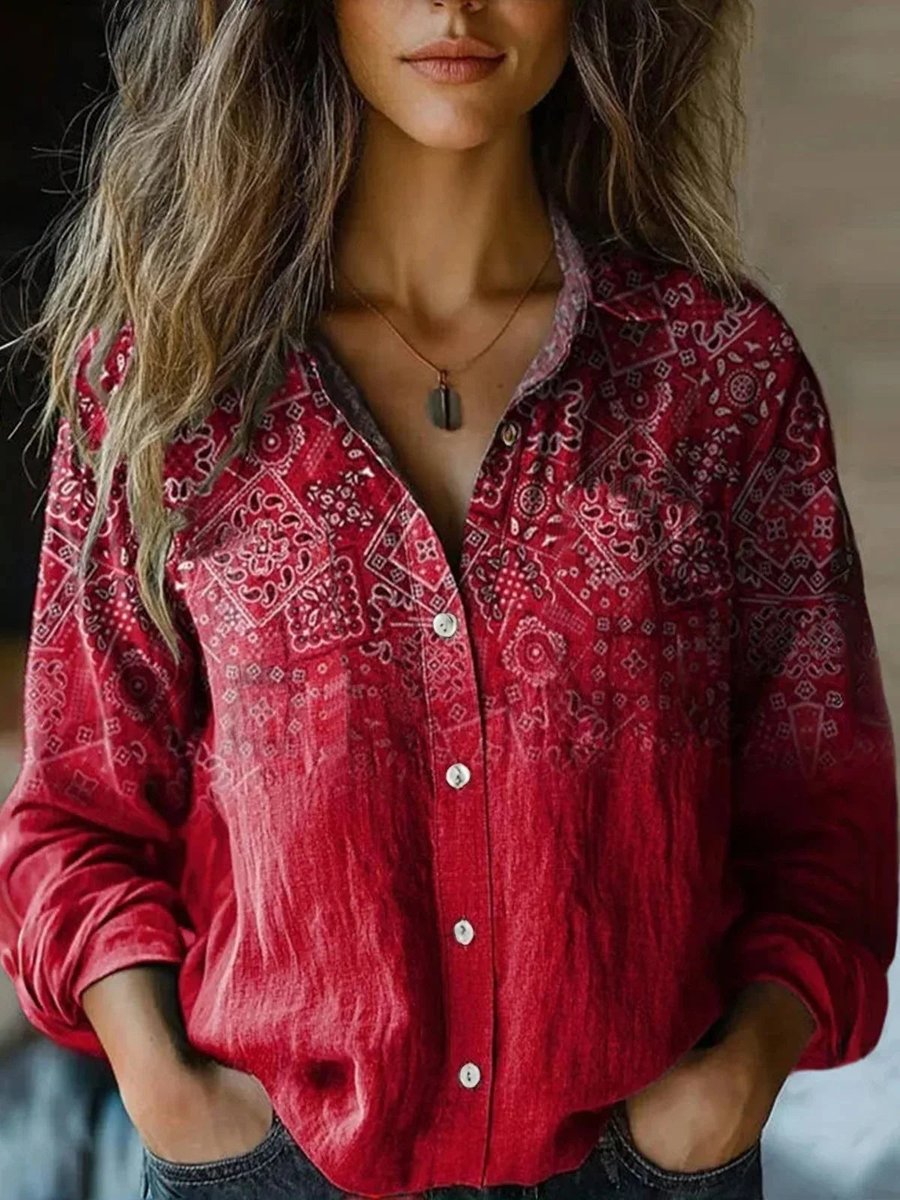 Dames Boho Bloemenprint Lange Mouwen Knoopsluiting Blouse - Donkerrood