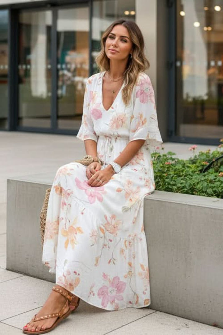 Dames Boho Bloemenprint Maxi Avondjurk V-hals Verstelbare Taille